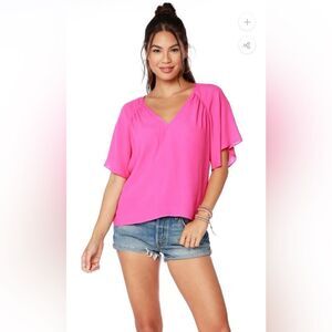 Bobi Black Fuschia V-Neck Flutter Short Sleeve Top Size M NWT
